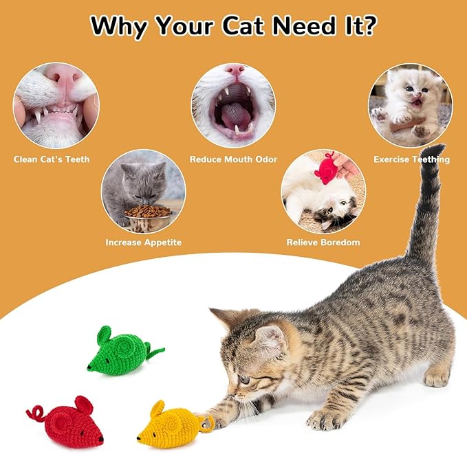 Retro Shaw Catnip Toys Crochet Mice Cat Toys,3 Pcs Yarn Cat Nip Mouse Animals Toy,Safe Teeth Cleaning Toy for Indoor Kittens