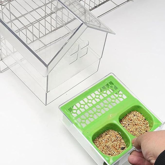 Pull-Out External Parrot Feeder, No Mess Hanging Bird Feeder for Cage, Multi-Function Transparent Bird Seed Platform Parrot Bath Tub Pet Feeding & Watering Supplies Easy to Clean (White)