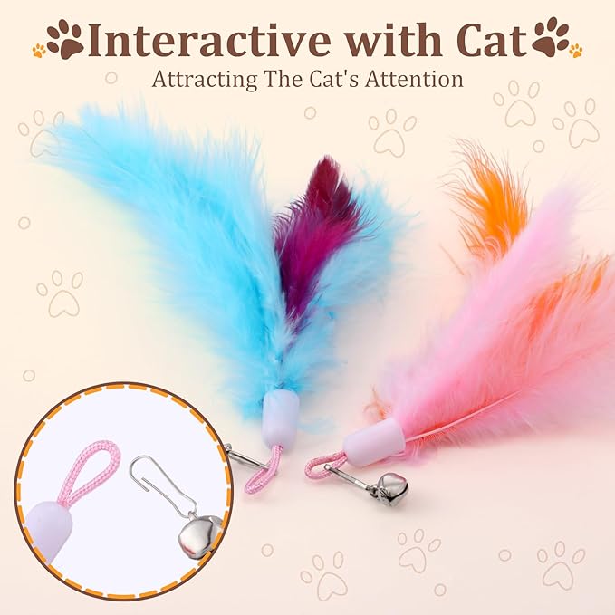 60 Pcs Cat Wand Feather Toys Refill Colorful Cat Wand Replacement Feathers Toy for Interactive Kitten Fishing Pole Feather Attachments with Bells for Stray Cats to Exercise