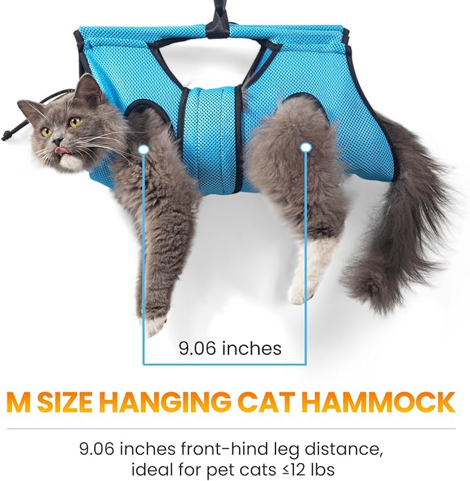 Pet Grooming Hammock for 5-11 lbs Pets, Door-Hook Hanging with Adjustable Height & Full Straps, Machine Washable with 1 Tool Bag Included Blue