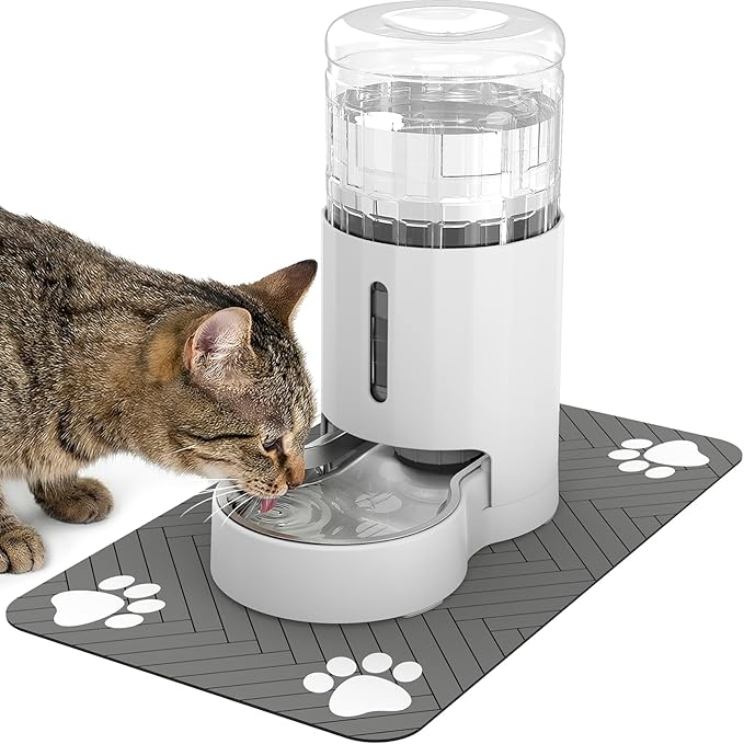Cat Water Dispenser with Placemat and Stainless Steel Bowl, Automatic Gravity Water Dispenser for Cats or Small Medium Size Dogs, Large Capacity, Easy to Clean and Safe for Pets (4L White)