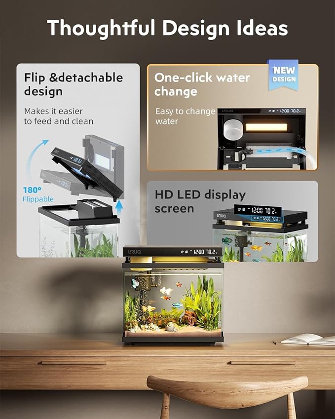 Fish Tank Smart Aquarium Kit: 2 Gal UHD Glass Silent Water Pump Self Cleaning System Temperature Monitoring Essential Oil Diffuser with Humidifier 7 Color Lights Multi-Layer Filtration System - Black