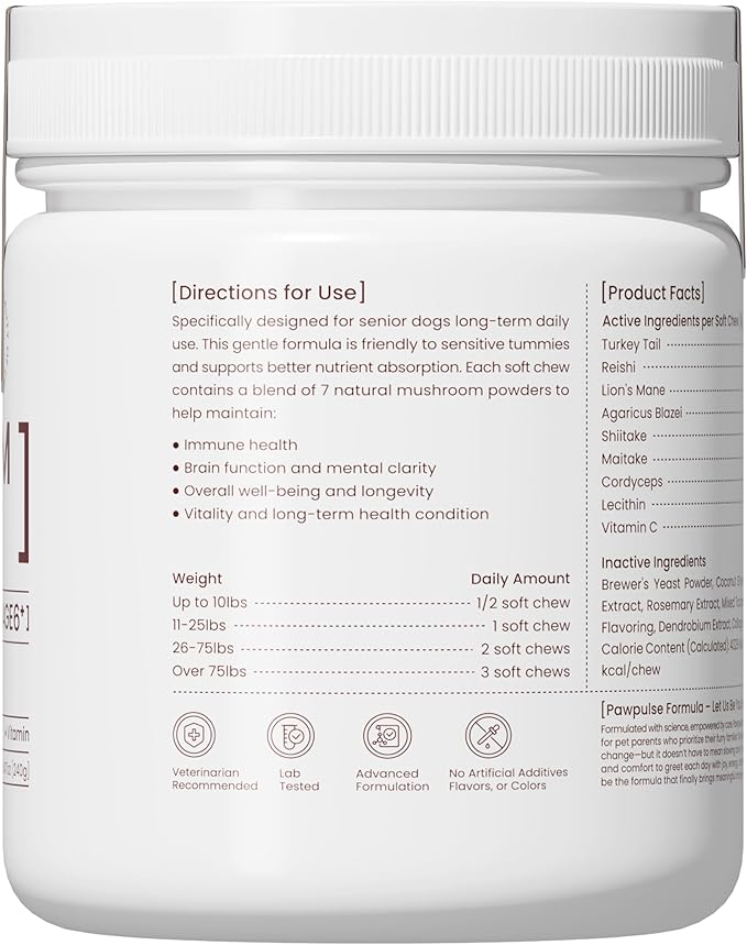 Pawpulse Formula Immune Defense Mushrooms for Dogs - Cellular Growth, Turkey Tail and Lions Mane for Cognitive Support, Lumps and Bumps, Gut Health and Longevity - Senior Dog Supplement, 80 Chews