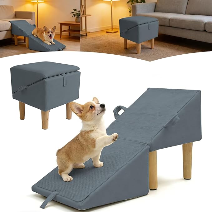 Split Ottoman Dog Ramp for Couch and Low Bed, 2-in-1 Foldable Dog Stairs for Small Dogs and Cats, Wooden Pet Ramp with Non-Slip Surface, Portable Step Stool Design, Gray