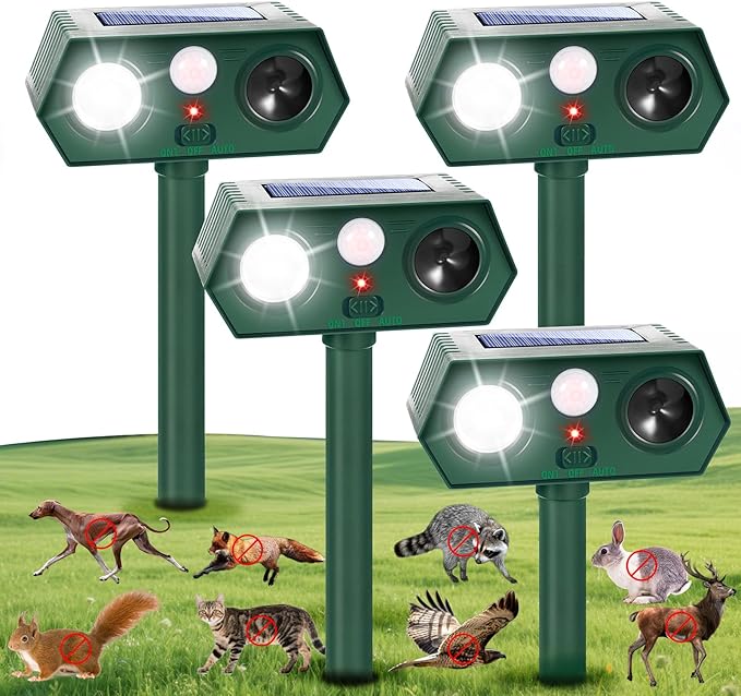 2025 Solar Ultrasonic Racoon Fortress Pro, Deer Cat Repellent Devices Animal Repeller Squirrel Rabbit Deterrent Outdoor with Motion Sensor&Flash Light to Scare Dog Skunk Out of Garden Farm Yard(4Pack)