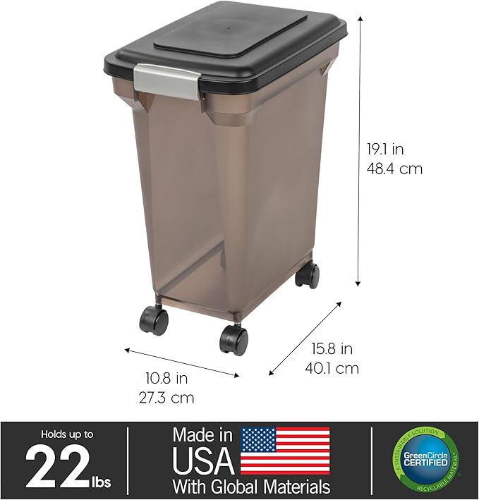 IRIS USA Airtight Dog Food Storage Container, WeatherPro, Up to 22 lbs, Removable Wheels, for Dog Cat Bird and Other Pet Food Storage Bin, Keep Fresh, Made in USA, Smoke