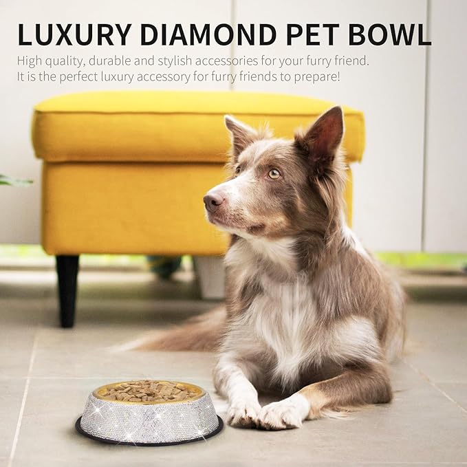 Sparkly Full Rhinestones Designed Gold Plated Stainless Steel Cat Bowl - Stylish and Practical Diamond Food Water Dishes Bowls for Dogs Cats Rabbits