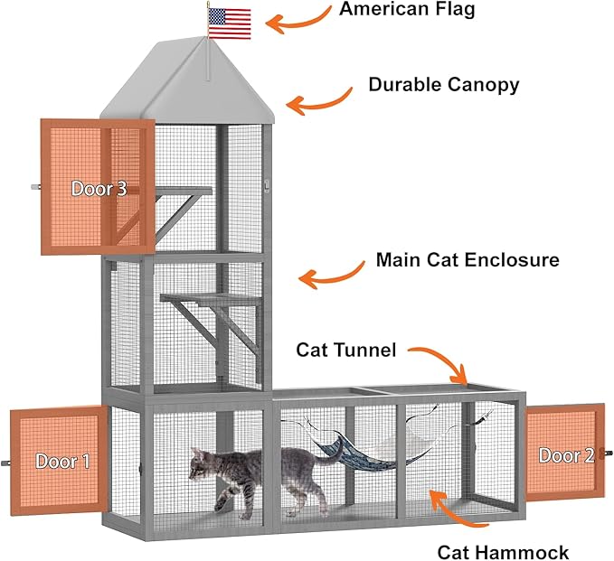Cat Catio with Tunnel, 4 in 1 Outdoor Cat Enclosure Include 2 Catio and 2 Tunnel, Cats Enclosure with Kitten Hammock and Waterproof Cover, Indoor Outdoor Cats Cage Playground with 2 Door