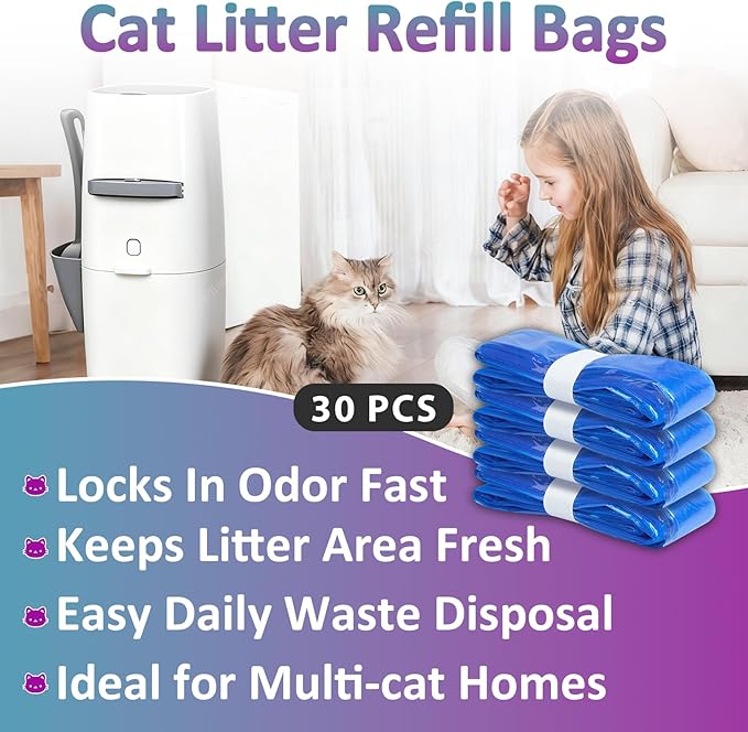 30 Pcs Cat Litter Refill Bags Compatible with Litter Genie XL/Plus/Standard/Pet Pail, Durable Universal Cat Litter Refills with Odor-Lock Design(Not Include Cartridge)