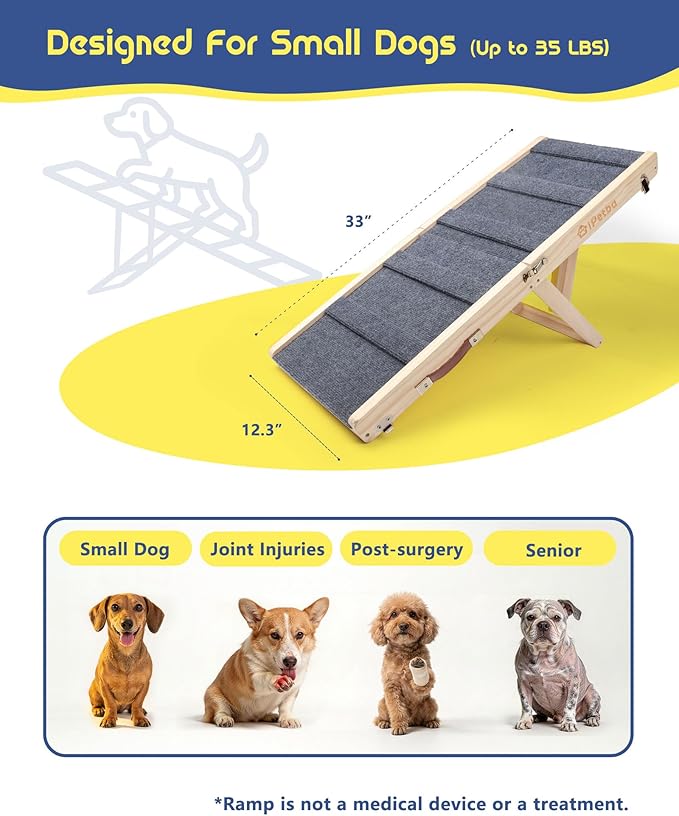 Dog Ramp for Couch & Bed - Joint & Spine Support with Gentle Incline for Small Dogs, Adjustable, Anti-Slip & Foldable, Up to 35 lbs