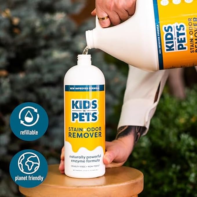 KIDS 'N' PETS Instant All-Purpose Stain & Odor Remover Permanently Eliminates Dog Pee, Cat Urine, Other Smells, Spots from Home Carpet, Couch, Furniture, Mattress, Fabric. Non-Toxic, Child Safe - 32oz