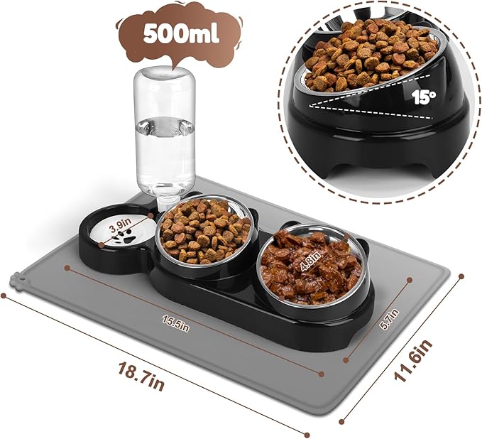 Cat Food and Water Bowl Set, Stainless Steel Raised Cat Bowls with Automatic Water Bottle & Waterproof Mat for Cats/Puppies, 3 in 1 Pet Feeding Station for Wet/Dry Food, Black