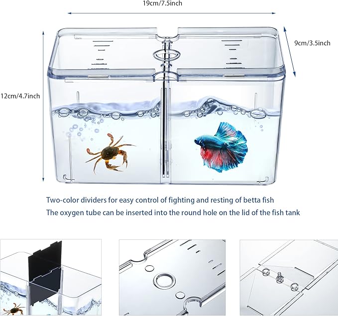 Small Betta Fish Tank, 3-in-1 Stackable Mini Fish Tank, Divided Compartments Beta Fish Tanks for 2 Betas Shrimp Sea Monkeys, 0.4 Gallon Acrylic Tiny Aquarium Tank with Hatchery Incubator