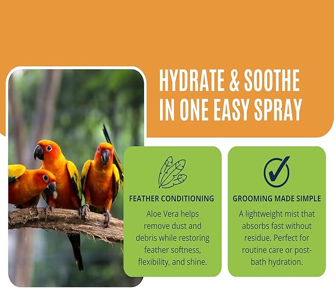 Bird Aloe Vera Spray – Soft Feathers Conditioner & Skin Moisturizer -16 OZ- for Parrots, Cockatiels, Conures & All Birds – Natural Aloe Mist for Molting Relief, Sooths Itchy Dry Skin Feather Plucking