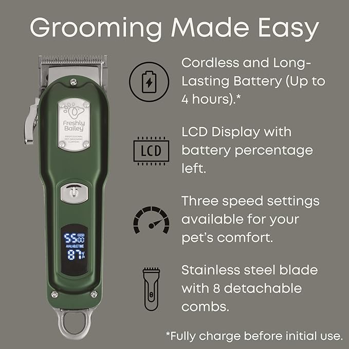 Freshly Bailey Cat Clippers for Matted Hair - Matted Cat Fur Remover - Low Noise Grooming Trimmer & Shaver | Pet Clippers for Long Hair Cats | Professional Pet Shaver with Detachable Guards