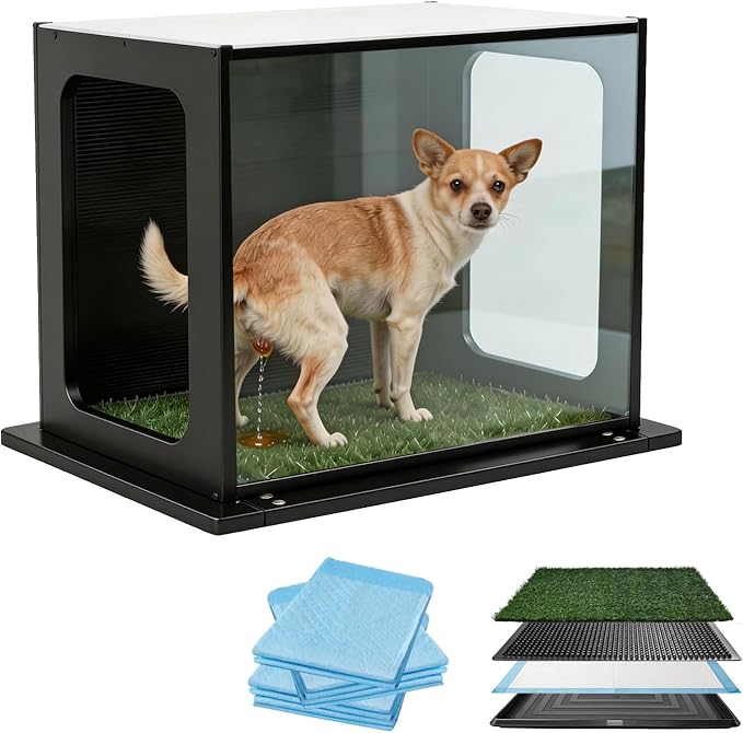 High Walls Indoor Dog Potty, 31.5" x 22" Porch Potty for Dogs with Wooden Walls & Steel Frame, Multi-Layer Easy-Clean Base - Dog Litter Box for Small Medium Dogs, Includes 10 Training Pads