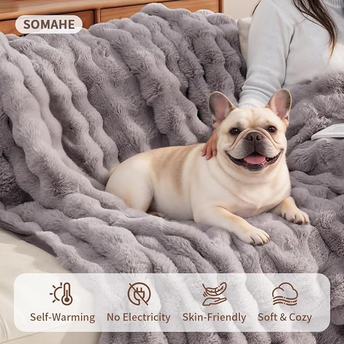 Dog Blanket Self-Warming Throw for Medium & Large Dogs, Dual-Side Sherpa Plush, Thick Crate Bed Cover & Car Seat Mat, Anti-Static Machine Washable No Shrink, 39x30 Inch Gray