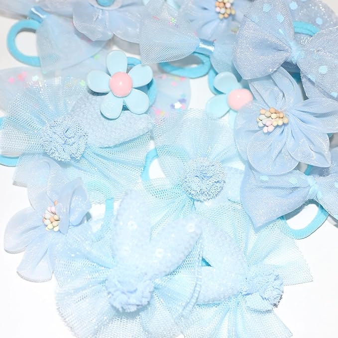 20pcs Handmade Puppy Hair Bows Blue, Cute Bowknot Top Knot with Elastic Bands for Yorkie Grooming