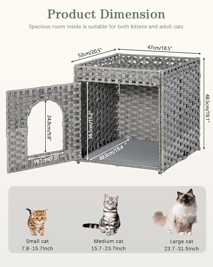 Cat Litter Enclosure with Hidden Litter Mat and Rattan Cat House, Supports Two Litter Boxes, Ideal for Living Room or Bedroom (Gray)