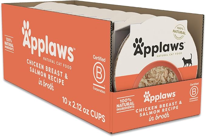 Applaws Natural Wet Cat Food in Broth, Limited and Natural Ingredients, High Protein with No Artificial Additives, Chicken Breast & Salmon in Broth (10 x 2.12 oz Easy-Open Cups)