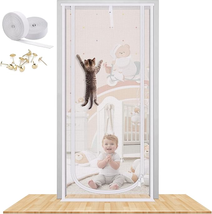 Reinforced Cat Screen Door, 38X83” Heavy Duty Pets Proof Screen Door with Bilateral Zipper, Prevent Dogs Cats Running Out from Home, Bedroom, Living Room, Kitchen Patio Door (White)