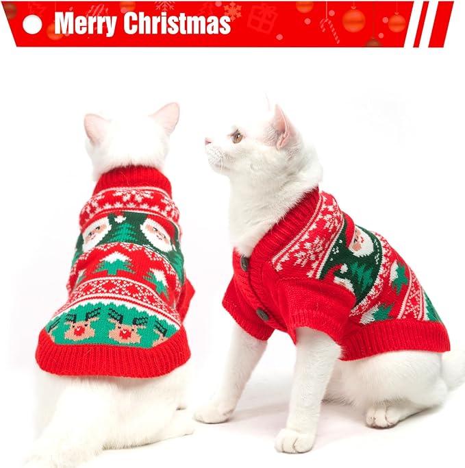 EXPAWLORER Cat Christmas Sweater - Stylish Knitted Christmas Pet Outfit, Soft Clothes for Cats Only, Knitwear Xmas Sweater with Sleeve Warm Apparel, Kitten Clothes for All Cats, Large