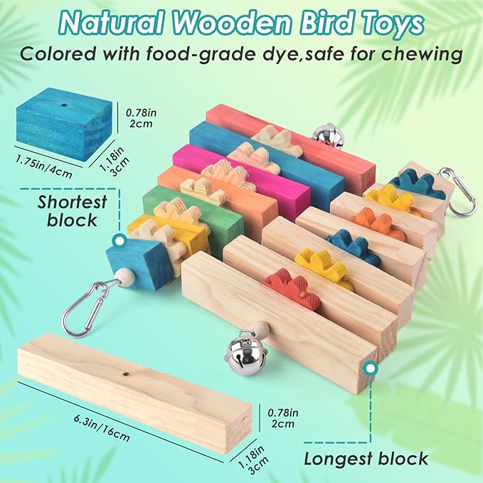 2 Pcs Bird Toys for Parrots, Colorful Natural Large Parrot Toy Hanging Chew Wood Block with Bell for Medium to Large Cockatiels, Eclectus, African Greys, Amazon, Cockatoo