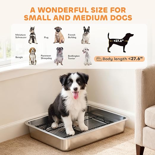 PawHut Dog Potty Tray Stainless Steel, Puppy Training Tray for Small and Medium Breeds, Indoor Dog Pee Pad Holder with Elevated Grid, Easy to Clean, for Porch, Bathroom, Balcony, 28" x 20" x 4"