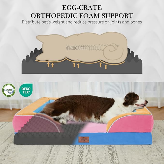 Comfort Expression Orthopedic Dog Bed for Extra Large Dogs 42x30 Inch, Waterproof Egg Crate Foam XL Pet Bed with Removable Bolsters, Dog Couch with Washable Cover & Non-Slip Bottom, Bubblegum Cove