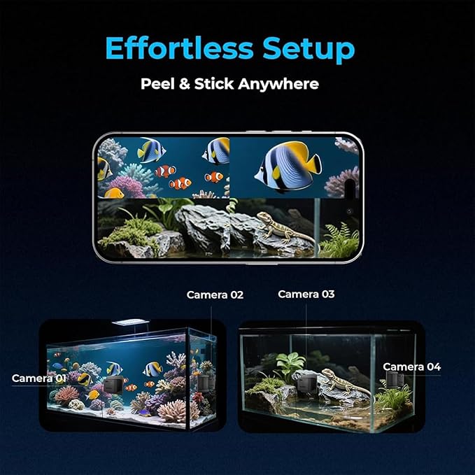 2K HD Aquarium & Terrarium WiFi Pet Camera, Aquarium Camera, 140° Wide-Angle Anti-Glare & Anti-Reflection, AI Motion Detection, AI-Powered Detection, Two-Way Audio for Fish Reptiles (Black)