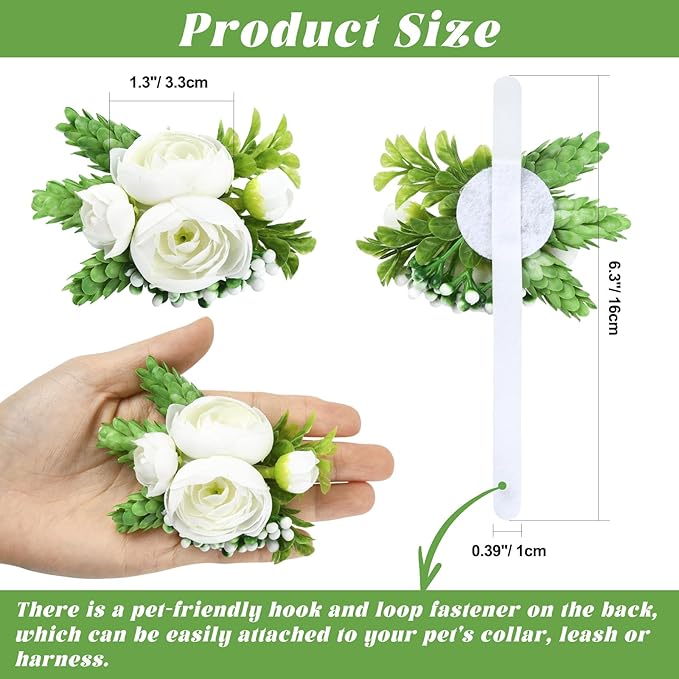 Pet Collar Flower Dog Wedding Flower Bow Tie Removable Floral Accessory for Dog Collar Elegant Rose Charm for Wedding Ceremony Puppies Cats Grooming, Pet Photo Prop (White)