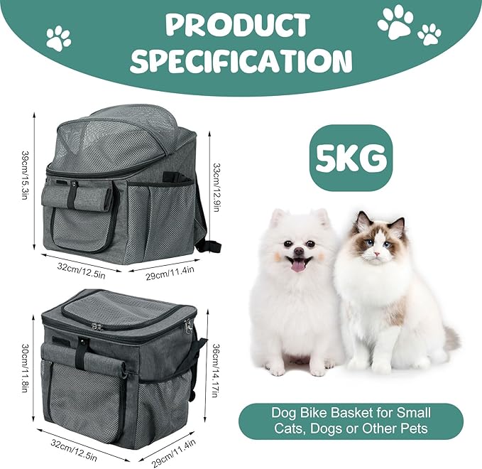 Qivine Dog Bike Basket,Dog Carrier for Bicycle Foldable Bike Pet Carrier with Handlebar Adapter Bicycle Carrier Backpacks for Small Medium Cats,Dogs