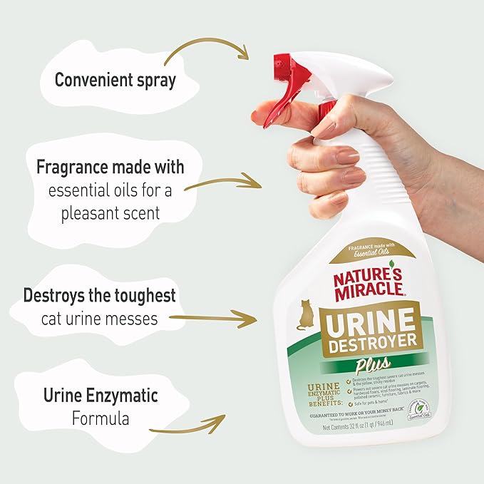 Nature’s Miracle Urine Destroyer Plus Cat, 32 Ounces,Unscented, Enzymatic Formula, Ready-to-Use