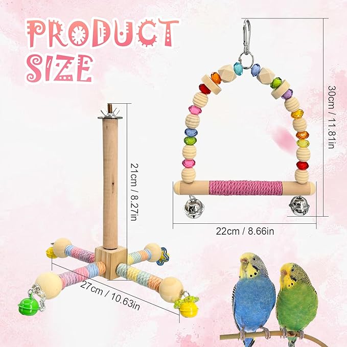2 Pcs Parakeet Toys with 9 Inch Hanging Perch & 7.8 Inch Wooden Swing,Wooden Bird Cage Accessories to Relieve Boredom and Anxiety,Ideal for Parrots, Budgies, Cockatiels and Other Pet Birds