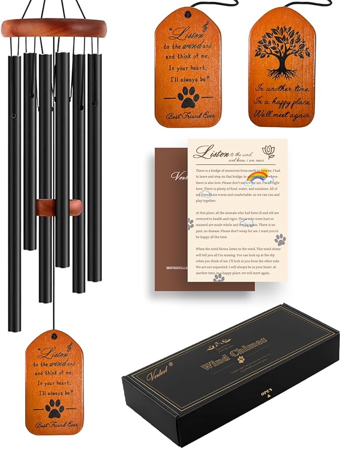 Dog Memorial Gifts, 28" Black Tombstone Dog Sympathy Wind Chime, Pet Memorial Pet Loss Remembrance Passing Away Gift