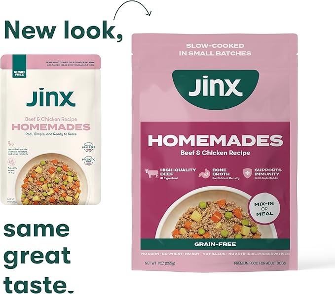 Jinx Beef & Chicken Wet Dog Food Topper, Mix with Dry Dog Food, Made with Real Beef & Chicken, Bone Broth, No Fillers - Puppy, Adult, Senior, 9oz, 12 Pack