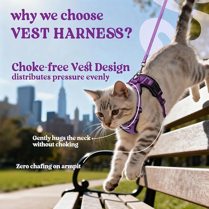 rabbitgoo Cat Harness and Leash for Walking, Escape Proof Soft Adjustable Vest Harnesses for Cats, Easy Control Breathable Reflective Strips Jacket, Purple, XS