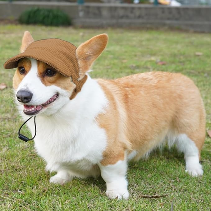 Dog Baseball Cap, Dog Cat Summer Beach Visor Hat with Ear Holes, Adjustable Puppy Sunbonnet Headdress (Brown, Small)
