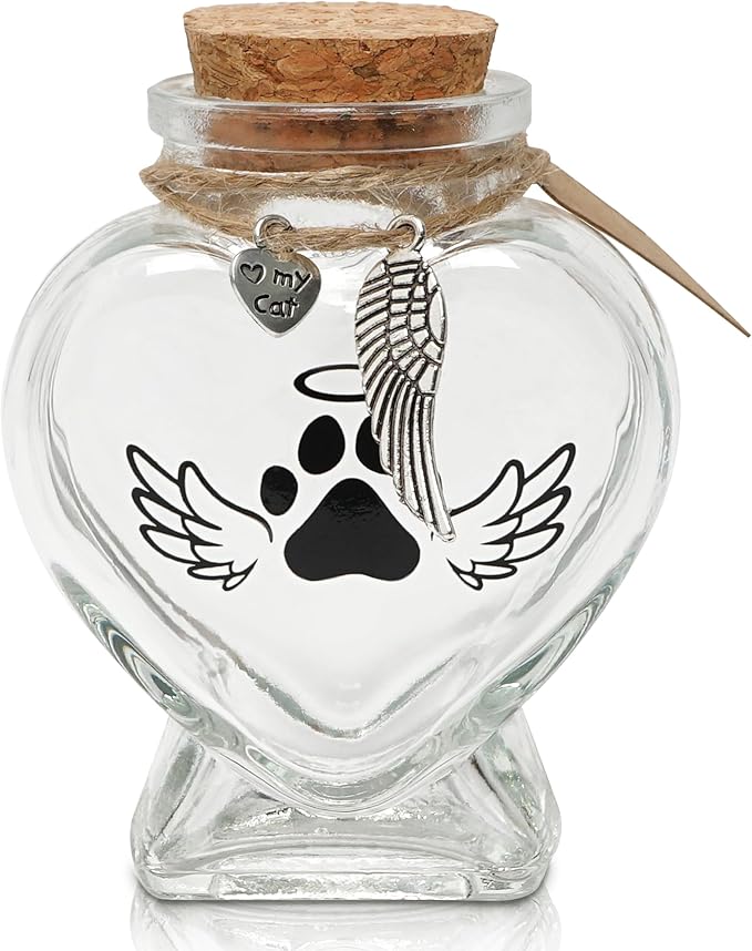 Pet Memorial Gift for Loss of Cat, Heart Shape Glass Jar & Bottle for Fur, Hair, Whiskers or Ashes Keepsake Urn with Cork Top, Charms for Cute Rainbow Bridge Memorial