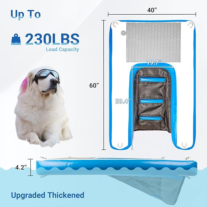 Inflatable Water Ramp for Dogs 60" L x 40" W - Durable, Puncture-Resistant Surface Ensures Safe and Easy Access to Water for Dogs Up to 230 Pounds, Perfect for Pools, Lakes, and Beaches
