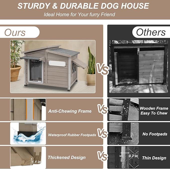 34" L Outdoor Dog House with Removable Floor, Raised Feet, Anti-Chewing Iron Frame – Weatherproof Wooden Kennel with Roof, Movable Window for Indoor/Outdoor Use, Ideal for Small to Medium Dogs
