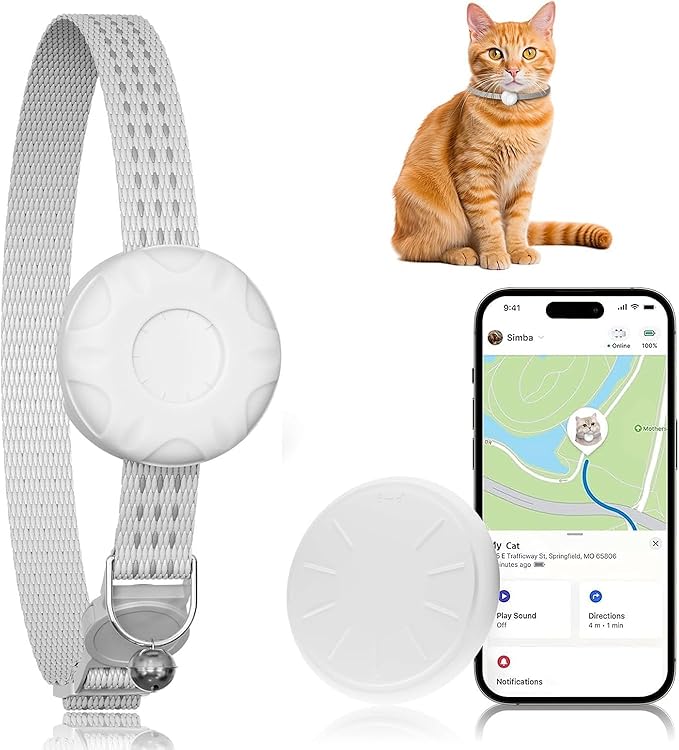 Cat Tracker, Cat Tracker Collar with Safety Elastic Buckle, Compatible with Apple Find My App (Only iOS), No Monthly Fee, Waterproof Pet Tracker for Cats, White