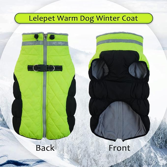 Lelepet Dog Coat Warm Dog Winter Coat Waterproof Dogs Jacket with Harness Built in Reflective Pet Fleece Vest Zip-Up Cold Weather Coats for Small Dogs Turtleneck & Windproof Coats Chihuahua Lime XS