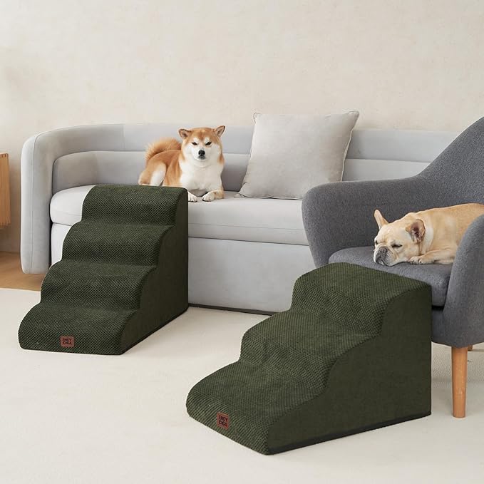 EHEYCIGA Curved Dog Stairs Ramp for Small Dogs 15.7" H, 3-Step Dog Steps for Couch Sofa and Chair, Pet Stairs for Cats, Non-Slip Balanced Pet Steps Indoor, Military Green