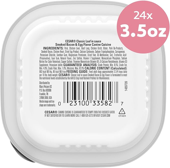 Cesar Classic Loaf in Sauce Adult Wet Dog Food Bacon & Egg Flavor, 3.5 oz. Easy Peel Trays, 24 Count (Pack of 1)