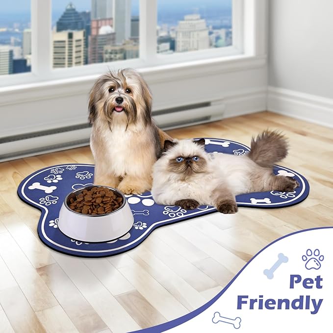 Dog Cat Mat for Food and Water,Rapid Absorbent Pet Feeding Mat, Bone Shaped Dog Placemat Bowl Mat with Rubber Backing,No Stains Pet Food Mats Indoor, Pet Accessories Supplies,Blue 12"×18"