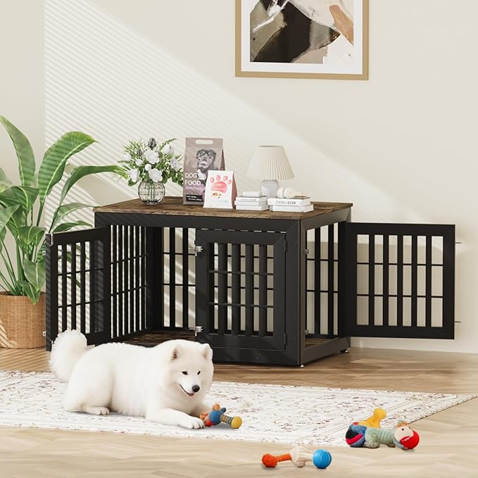 42" Heavy Duty Dog Crate Furniture for Small,Medium and Large Dogs,Rustic Wooden Dog Cage Kennel Indoor Furniture with Waterproof Top,Decorative Pet House Side End Table (Black & Wood)