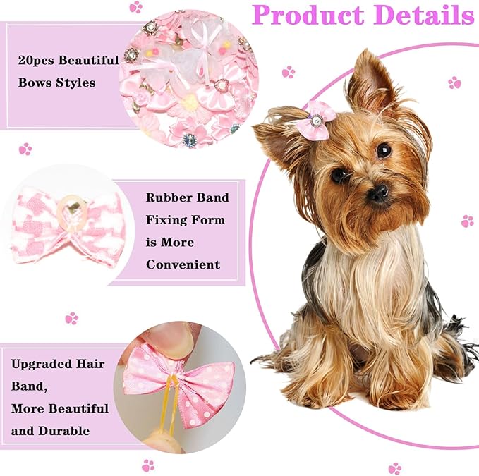 20 PCS Pink Dog Hair Bows with Rubber Bands, Cute Lace Rhinestone Pearls Bowknot for Puppy Cat Pet Girl Grooming Accessories