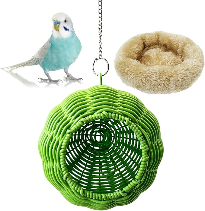 Rattan Birds Nest for Cage Hanging Parakeet House Chewproof Parrot Breeding Bed Small Budgies Hideout Swing Hut Bird Cage Accessories for Lovebirds Cockatiel Conure Finch Canary (Green)