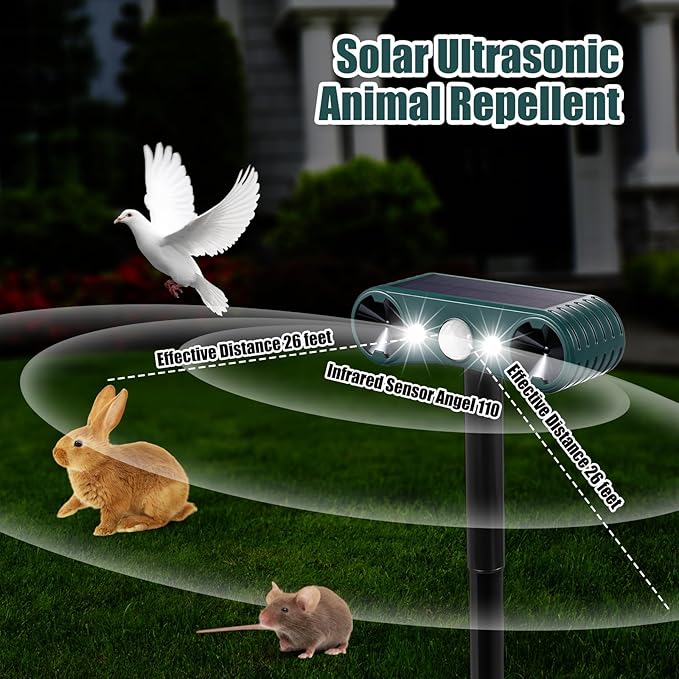 Qualirey 4 Pcs Solar Nocturnal Ultrasonic Light Animal Repeller Outdoor Deterrent with Pir Sensor Waterproof Deterrent Deer Repellent Devices to Repel Cat, Dog, Rabbit, Raccoon, Fox for Yard Garden